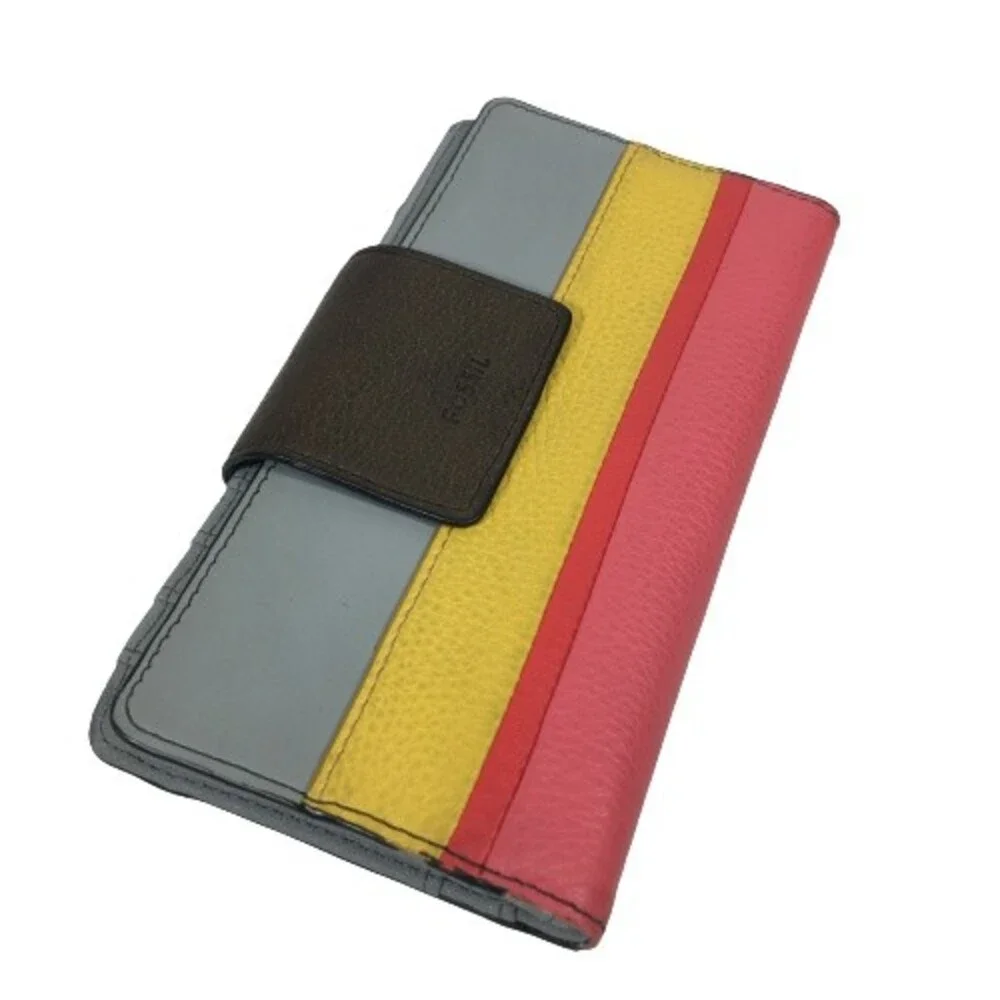 FOSSIL Colorblock Leather Wallet Credit Card Clutch Gray Peach Red & Yellow